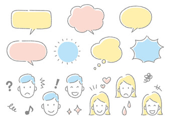 手書きのカワイイ吹き出しと男女の顔セット（デコボコの線）