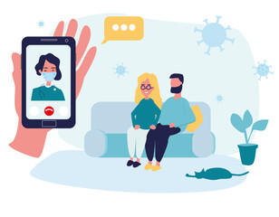 Online video consultation, doctors recommendations. remote treatment. Medical application on a smartphone. Internet chat. Woman with her husband at home. Room interior. Flat cartoon style. Vector