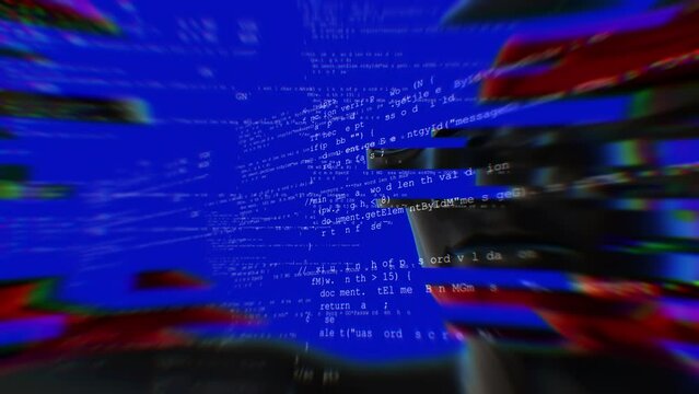 Technological background with robotic human face and programming code on holographic virtual screens
