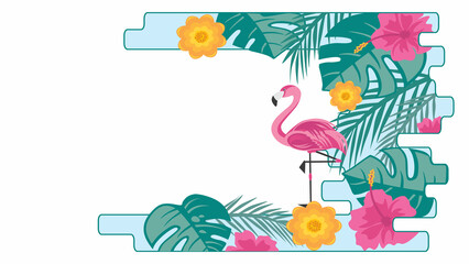 Decorative frame with tropical flowers and flamingo bird, colorful ornament, flat vector art.