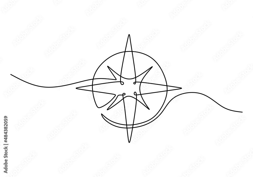 Poster one continuous single line of compass for navigation isolated on white background.