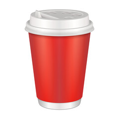 Mockup Red Blank Disposable Paper Cup With Lid. Container For Hot Drink: Coffee, Java, Tea, Cappuccino. Illustration Isolated On White Background. Mock Up Template Ready For Your Design Vector EPS10