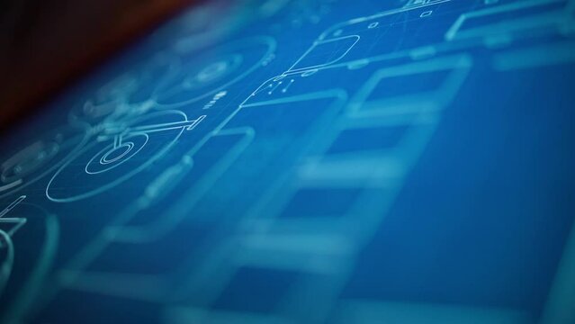 touch screen display device with information about technical specifications drawings and developments. a woman's hand flips through the information on the display, shot close-up