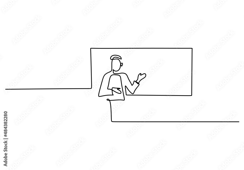 Poster one continuous single line of man presentation or teaching in front white board isolated on white ba