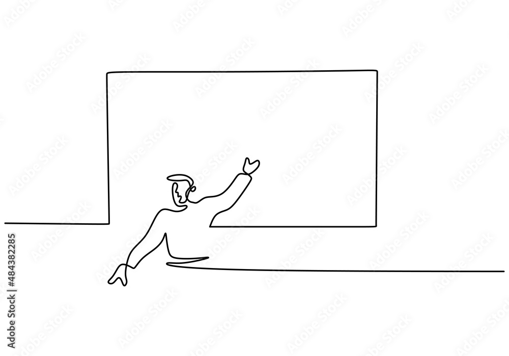 Poster one continuous single line of man presentation or teaching in front white board isolated on white ba