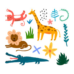 Set of lion, crocodile, giraffe and zebra cute animal in childish style isolated on white background.