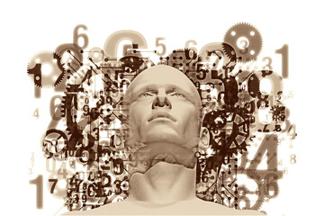 A 3d centred human surrounded and overlaid with various sized translucent – machines gears and cogs, circuit board details, numerals and connected circular shapes.