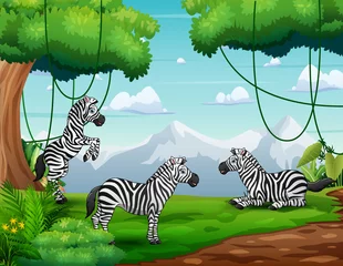 Wandaufkleber Cartoon three of zebras playing in nature landscape © dreamblack46