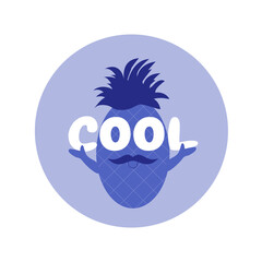 The vector illustration of a cute pineapple with a mustache. The optimistic fruit holds the letters COOL and looks at life through it.