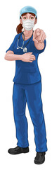 Doctor or Nurse Woman in Scrubs Uniform Pointing