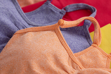 Colourful women's sports bra isolated on grey background. 