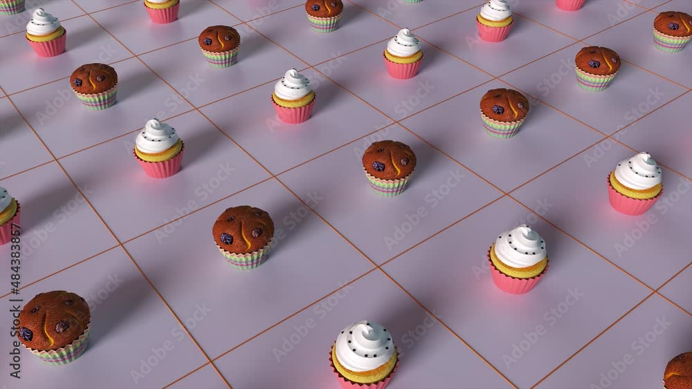 Poster sweet and fragrant muffins standing in 3d render squares of surface. cream and shortbread cookies fo