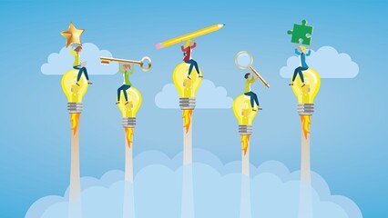 Inspirated coworkers flying on light bulb rockets. Vector illustration. EPS10.