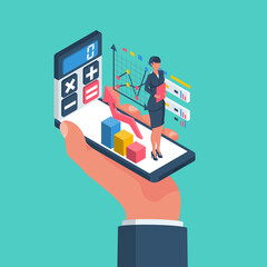 Financial consultant online. Consultant businessman. Landing page accounting organization process. Vector illustration flat design. Isolated on white background. Market analysis expert.