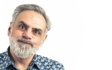 gray haired middle-aged caucasian man doing funny silly face to the camera - isolated. High quality photo