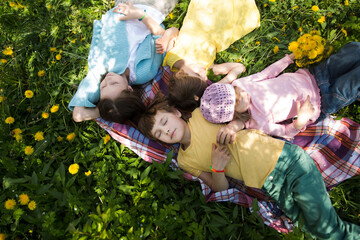kids friends spend time together in nature. a group of children lies on the grass and rest in the summer garden