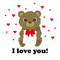 Cute little bear holding prezent with red bow. Red hearts. Birthday card. valentines day. I Love you. Miss you. Vector illustration.
