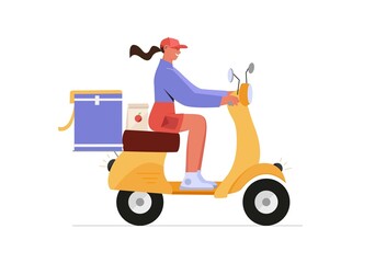 Girl riding scooter in a city. Woman delivers food on motorbike wearing cap. Vector illustration in flat style.