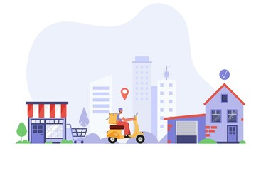 Man riding a scooter in a city delivering online order and food. Infographic about delivery chain from store to home. Flat vector illustration