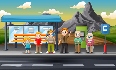 Obraz na płótnie Canvas Illustration of many people at the bus stop