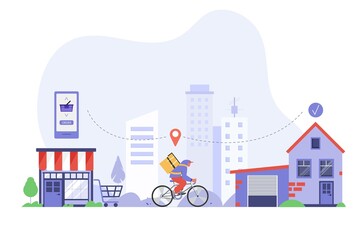 Man delivering food by bicycle, online food order infographic, delivery from store to home. Flat vector illustration in flat style
