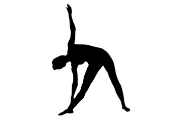 Silhouette of a woman in a triangle pose isolated on a white background. Yoga, sport, asana.