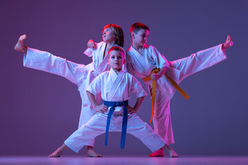 Three sportive kids, little boys, taekwondo or karate athletes in doboks posing isolated on very...