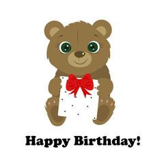 Cute little bear holding prezent with red bow. Red hearts. Birthday card. valentines day. I Love you. Miss you. Vector illustration.
