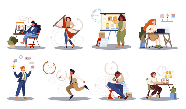 Business people with a clock set. Work effectivity and planning. Productive time