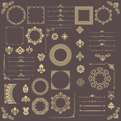 Vintage set of vector horizontal, square and round elements. Elements for backgrounds, frames. Classic golden Brown and golden patterns. Set of vintage patterns