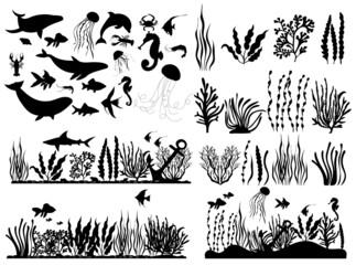 marine animals and fish, seaweed silhouette ,on white background, vector - obrazy, fototapety, plakaty