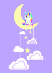 the unicorn sits on the moon in the clouds. sitting unicorn on the background of clouds. vector illustration, eps 10.