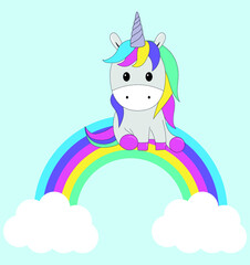 Obraz na płótnie Canvas unicorn with rainbow hair. fabulous unicorn sits on a rainbow. vector illustration, eps 10.
