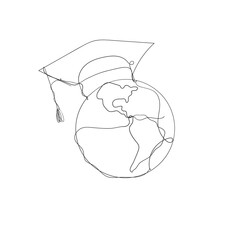 continuous line drawing earth planet with graduation hat illustration vector isolated