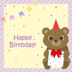 Cute little bear with cap holding prezent with red bow. Red hearts. Birthday card. Valentines day. I Love you. Miss you. Vector illustration.