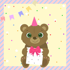 Birthday card for baby girl and boy. Cute bear holding prezent. I love you. Kids card. Pastel colors. Vector illustration