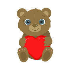 Cute little bear holding red heart. I love you. Valentines day. Birthday card. Vector illustration.