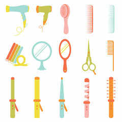 Set of hair styling and care products and items in cartoon style. Various flat style icons of hair care tools: hair dryer, combs, curling irons, mirrors, scissors. Vector design elements