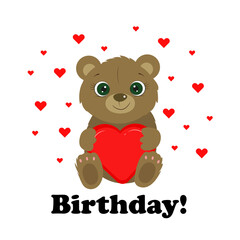 Cute little bear holding red heart. I love you. Valentines day. Birthday card. Vector illustration.