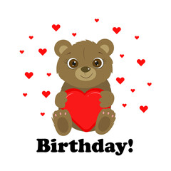 Cute little bear holding red heart. I love you. Valentines day. Birthday card. Vector illustration.