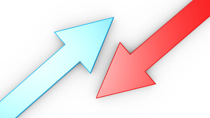 Red and blue arrows on a light gray background. 3d render illustration.