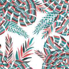 Fototapeta na wymiar Modern abstract seamless pattern with creative colorful tropical leaves. Retro bright summer background. Jungle foliage illustration. Swimwear botanical design. Vintage exotic print. 