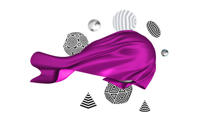 Abstract composition of 3d figures with stripped pattern. Purple silk on sphere on white background. Abstract 3d geometric background. Modern creative template for cover, poster, wallpaper.