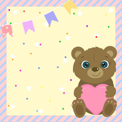 Birthday card for baby girl and boy. Cute bear holding heart. I love you. Kids card. Vector illustration
