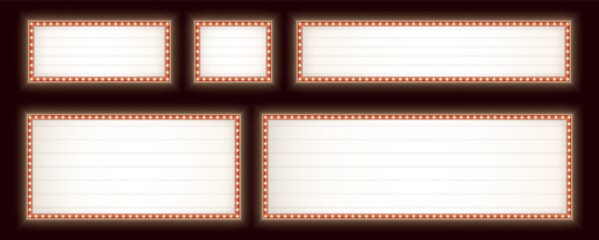 Retro lightbox set, realistic vintage rectangular frames with light bulbs. Red marquee billboards with lamps isolated on a dark background. Design template. Commercial announcement banners.