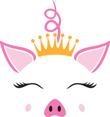 Cute Pig Princess with Crown Vector Illustration