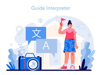 Tour vacation guide concept set. Tourists listening to the history of the city