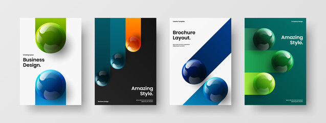Geometric realistic spheres front page concept composition. Abstract company brochure A4 vector design template bundle.