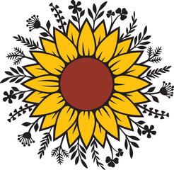 Floral Sunflower and Plants Vector Illustration