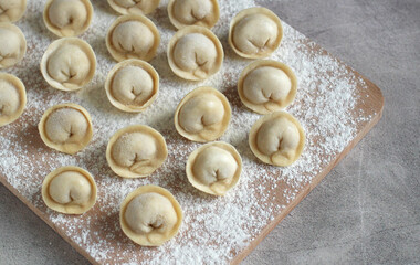 Fototapeta na wymiar homemade dumplings on a cutting board in close-up rows of flour